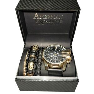 NIB American Exchange Mens Black Chronograph Watch 55mm & Stackable Bracelets